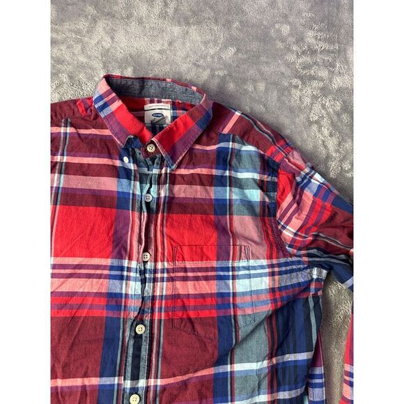 Old‎ Navy Shirt Mens Button Down Medium Slim Fit Red Blue Plaid Short Sleeve - Picture 3 of 9